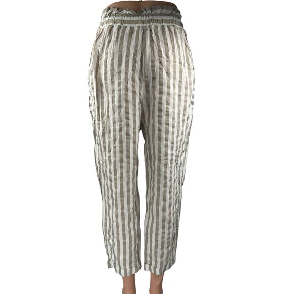 Zara Beige White Striped Tassel Tie High Waisted Tapered Trouser Pants Size M - Picture 3 of 5